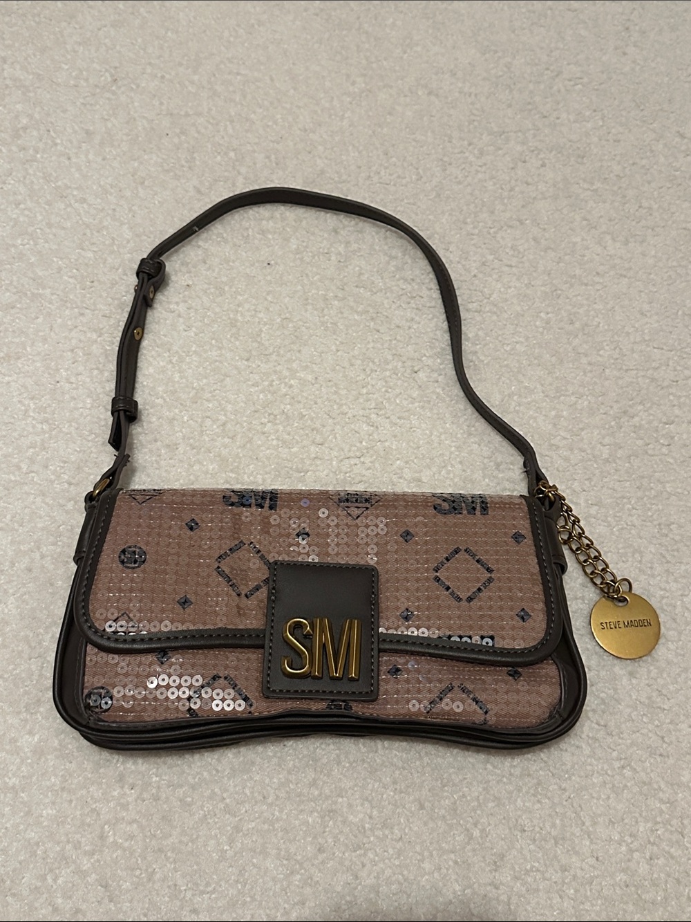 Steve Madden Taupe Brown Sequin Shoulder Bag with Gold Hardware